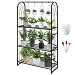 MAIJIAJU 3 Tier Metal Black Plant Stand Indoor Outdoor with Hanging Hooks, 130.5cm Tall Flower Plant Pot Stand for Multiple Plants, Large Garden Plant Shelf Display Rack for Living Room Patio Balcony