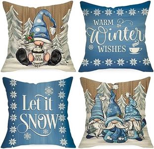Ussap Warm Winter Wishes - Set di 4 federe decorative per cuscini 45 x 45 cm, motivo gnomo blu neve, pino, fiocchi di neve, decorazione stagionale per la casa in fattoria per divano