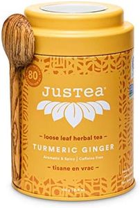 JusTea TURMERIC GINGER | Loose Leaf Herbal Tea | Tin with Hand Carved Tea Spoon | 40+ Cups (110g) | Caffeine Free | Award-Winning | Fair Trade | Non-GMO