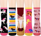 Jeasona 5 Pairs Horse Kids Socks for Girls Horse Gifts for Girls Horse Lover Gifts for Girls Cotton Cute Stocking Stuffer for Daughter