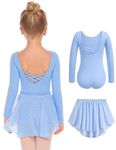 Zaclotre Girls Ballet Leotards Toddler Long Sleeve Crisscross Back Dance Dress Outfit with Removable Shiny Skirt Combo Blue