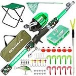 DaddyGoFish Kids Fishing Pole – Telescopic Rod & Reel Combo with Collapsible Chair, Rod Holder, Tackle Box, Bait Net and Carry Bag for Boys and Girls (Green, 4.00)