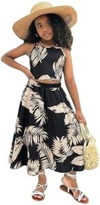 Verdusa Girl's 2 Piece Summer Outfits Hawaiian Tropical Print Cropped Cami Top and Long Skirts Black 10Y