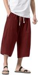 MAGNIVIT Men's Japanese Pant Elastic Waist Linen Loose Capris Joggers Harem Pants Red 32