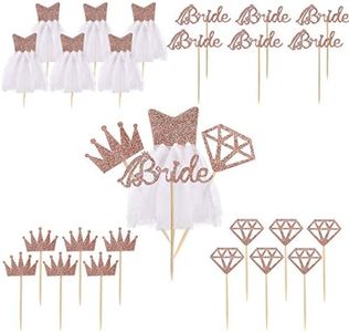 Cake Topper Or Rose Paillettes Cupcake Toppers avec Diamant, Couronne, Mariée, 3D Robe de Mariage pour Fournitures de Douche Nuptiale, Fiançailles, Décorations de Fête Bachelorette 28 Pièces