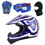 Zorax Blue XL (55-56cm) ZOR-X17 Children Kids Motorbike Helmet ECE 2206 & Gloves XL(8cm) & Goggles & Balaclava - Dirt Bike Off Road Motocross Helmet