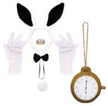 Adults Bunny Costume Accessory Set - White & Black Rabbit Ears, Black Bowtie, Rabbit Tail, Rabbit Nose, Gloves, Inflatable Clock - Adults World Book Day Book Week Fancy Dress Costume Accessories