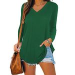 iChunhua Long Sleeve Tops Women V Neck Lightweight Longline Plain T-Shirts Green XX-Large