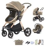 BEBBY 3 in 1 Pram, City Strollers with Seat,Stroller 3 in 1 Travel Stroller with Adjustable-Height Push Handle Stick Stroller, Landscape Combined Strollers High Aluminium Frame (D2-Light Brown-U, D2)