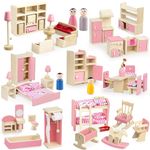 43PCS Wooden Dolls House Furniture Set,6 Room Kit Pretend Play Doll House Furniture,Dolls House Accessories with Kitchen,Dining Room,Living Room,Bedroom,Bathroom for Children Kids Girls Playhouse Toy