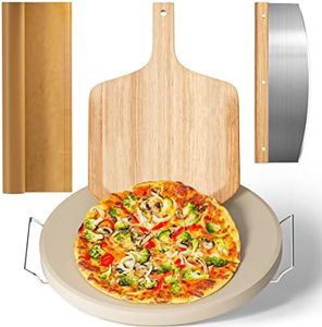 5 PCS Large Pizza Stone Set,Heavy Duty 16" Pizza Stone for Oven and Grill with Handle Rack,Pizza Peel(OAK), Pizza Cutter Rocker & Cooking Paper,Large Baking Stone for Pizza, Bread