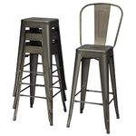 COSTWAY Set of 4 Metal Stacking Stools, Square Nesting Bar Stool with Handing Hole & Footrest, Breakfast Dining Seating Chair for Home Kitchen, Support up to 150kg (76cm Tall with Backrest, Gun)