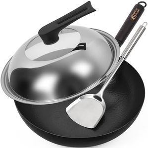 Souped Up Recipes 12.5 Inch Carbon Steel Wok For Electric, Induction and Gas Stoves (Lid, Spatula and User Guide Video Included)