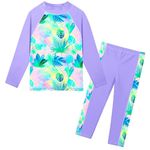 HUAANIUE Girls 3-12 Years 2PC Swimwear Set Long Sleeve Swimsuit Kids Print Flower Sunsuit 50+UV Sun Protection Swimming Cosutme(PurpleLeaves,6A)