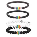 Cupimatch 4pcs LGBT Rainbow Braided Leather Bracelet Bangle Gay & Lesbian Pride Lava Rock Stone Beads Relationship Couple Bracelets