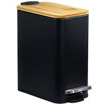 Small Trash Can with Bamboo Lid Soft Close, 5L Pedal Bin, Rectangular Garbage Can with Inner Bucket for Bathroom, Bedroom, Powder Room, Craft Room, Office (Black)