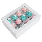 [15-Packs] White Cupcake Boxes 12 Holders,ONE MORE Cake Carrier Food Grade Pop-up Bakery Boxes 13.8 x 9.75 x 4inch with Inserts and PVC Windows Fits 12 Cavity Cupcake or Muffins