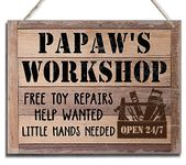 Rustic Sign, Father's Day Gift, Dad's Gift, Grandpa's Gift, Hanging Printed Wood Wall Art Sign, Papaw's Workshop Free Toy Repairs Help Wanted Little Hands Needed, Vintage Sign Gift for Grandpa