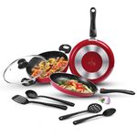 Milton Pro Cook Kitchen Pride Plus Granito Non Induction 7pc Set (Fry pan 24cm/1.6 LTR; Kadhai 24cm/2.5 LTR with Glass Lid; Tawa 25cm; 2 Each Nylon Laddle & Spatula), Maroon Metallic, Dishwasher Safe