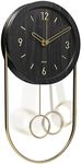 Driini Decorative Wall Clock with Pendulum (Black) – Modern Wood, 3D Gold Numbers, Metal Frame – Small, Unique Wall Clocks for Living Room Decor or Bathroom - Battery Operated, Silent, Non-Ticking