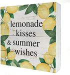 Rustic Lemonade Wooden Box Sign Desk Decor Lemonade Kisses and Summer Wishes Wood Block Plaque Box Sign for Home Living Room Shelf Table Decoration (5 X 5 Inch)