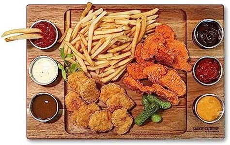 Saucemoto SAUCE•CUTERIE - Double Sided Charcuterie & Sauce Serving Board, Acacia Wood Board with 6 Stainless Steel Serving Cups & Silicone Lids - 15.1 inch L x 10.5 inch W