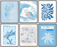 Blue Coastal Cowgirl Wall Decor - 8x10 Inches Set of 6 UNFRAMED Posters & Prints - Aesthetic Flower Market Summer Beach Room Wall Decor - Ocean Surfboard Neutral Wall Art -Abstract Beachy Wall Art -