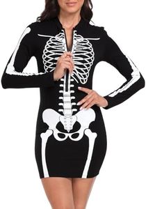 HDE Women's Skeleton Dress Halloween Costume Stretchy Long Sleeve Mini Dress Full Skeleton Front & Back - L