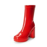 DREAM PAIRS Women's Mid Calf Gogo Boots Platform High Chunky Block Heel Square Toe Ankle Boots, Red-pat, 7