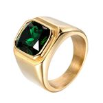 PMTIER Men's Stainless Steel Gold Plated Ring with Square Green Gem Stone Size 6