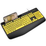 SABLUTE Large Print Keyboard Wired Computer Keyboards with Wrist Rest, Phone Holder, Big Letters Easy to Read Compatible Windows, Desktop, Laptop, Yellow