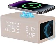 Wooden Digital Alarm Clocks,10W Wireless Charging with 3 Alarms, Dual 5W Stereo Bluetooth Speaker and Light Up with Sound, Adjustable Brightness Date Display Clock for Bedroom, Heavy Sleepers Adults