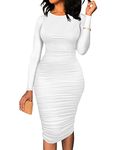 BEAGIMEG Women's Ruched Long Sleeve Elegant Bodycon Basic Casual Midi Dress, White, X-Large
