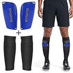 Dokpav Football Shin Guard Socks + Shin Pads Sleeves Double Layer Mesh Breathable for Football Games Beginner Elite Athlete Running Jogging Fitness - Children Boys Girls Men(Adult：Black + Blue)