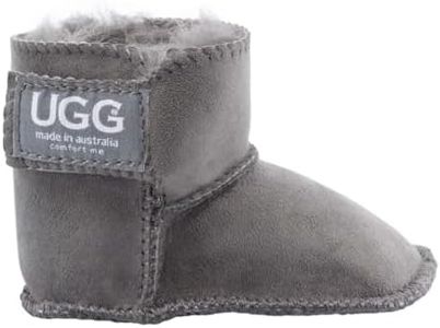 UGG Australian Made, Baby Booties, VELCRO® Brand Fastener Boots for Babies, First Grade Double Face Australian Sheepskin, Comfort Me, Anti-Slip Gripper Sole, Colours Chestnut,Grey, Chocolate X Large 12-18 months GREY