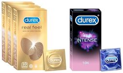 Durex Real Feel Condoms For Men - 10 Count (Pack Of 3)| Latex Free & Intense Condoms For Her - 10 Count | Dotted And Ribbed Condom With Desirex Gel