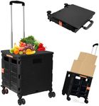 Foldable Utility Cart Folding Portable Rolling Crate Handcart Shopping Trolley Wheel Box with Lid Wear-Resistant Noiseless 360°Rotate Wheel for Travel Shopping Moving Storage Office Use (Black)