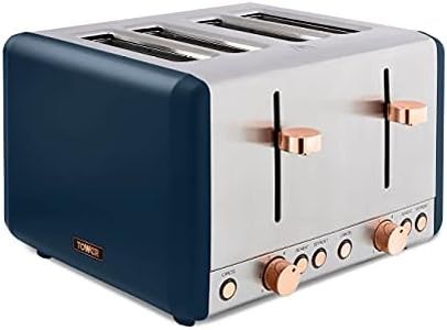 Tower T20051MNB Cavaletto 4-Slice Toaster with Defrost/Reheat, Stainless Steel, 1800 W, Midnight Blue and Rose Gold