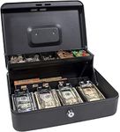 Delzon Metal Cash Box with Safe Key Lock 4 Note Clipping Pin And 4 Coin Comparment for Change, Petty Cash And Money Saving Organizer – Black