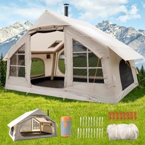 Inflatable Family Camping Tent, Big Blow Up Tent with Electric Air Pump, Inflatable Hot Tent 4 Season Air Tent with Stove Jack, Waterproof Family Camping Tent for 2/4/6/8 Person, Beige