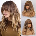 HAIRCUBE Short Charming Bob with Bangs Wigs Ombre Wigs for White Women Shoulder Length Long Curly Brown Synthetic Wig with Bangs Wigs for Women