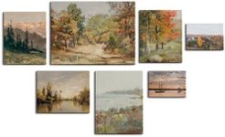 HPNIUB Vintage Framed Canvas Wall Art, Set of 7 Fall Nature Landscape Oil Painting, Mid-Century Classical Scenery Wall Decor, Retro Country Art Prints for Living Room, Bedroom, Dining Room, Farmhouse