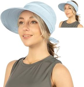 SUN CUBE Women Sun Hat for Outdoor UV Protection, Wide Brim Sun Hat Ponytail, Convertible Zip-Off Beach Hat Visor for Golf Gardening Pool Travel, Foldable Summer UPF50+ Visor Hat, Light Blue