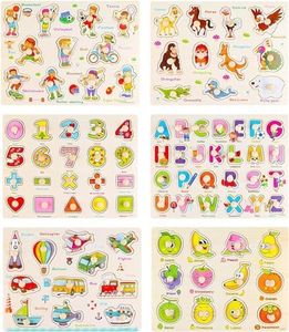 KABENFIS 6 Pezzi Puzzle di Legno Puzzle Set Alfabeto, Numero, Animali, Frutta, Veicoli e Sport Puzzle di Apprendimento Board per Bambini Ragazzi e Ragazze