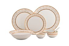 Hitkari Dinner Set 33 Pc. Dinner Set for 6|for Home & Kitchen |Material:Porcelain|Full Plates-6|Side Plate-6|Veg Bowl-6|Soup Bowl & Spoon-12|Serving Bowl-2|Rice Plate-1|33pc Dinner Set (Rainbow Gold)