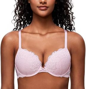 Deyllo Women’s Push Up Lace Bra Comfort Padded Underwire Bra Lift Up Add One Cup(Peachy,36DDD)