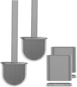 ausleben Silicone Toilet Brush, Flexible Toilet Brush Flat Head with Holders and Base for Anti-Drip,Wall-Mounted Toilet Bowl Brush no Damage and Deep Cleaning Flexible for Toilet and Tub (TwoGrey)