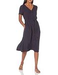 Amazon Essentials Women's Short-Sleeve Midi Button Front Tie Dress, Navy, L