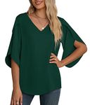 Yommay Women's Chiffon Blouse Ladies Tops Elegant Casual Loose 3/4 Ruffled Split Sleeve V Neck Summer Blouse T Shirts(Dark Green,X-Large)