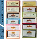 Herbal Khadi Natural Almond Chocolate Honey Glycerine Mint Mogra Natural Orange Jasmine Lemon Neem, Saffron, Strawberry, and Tea Tree Soap with all Herb Men & Women (Pack of 12)